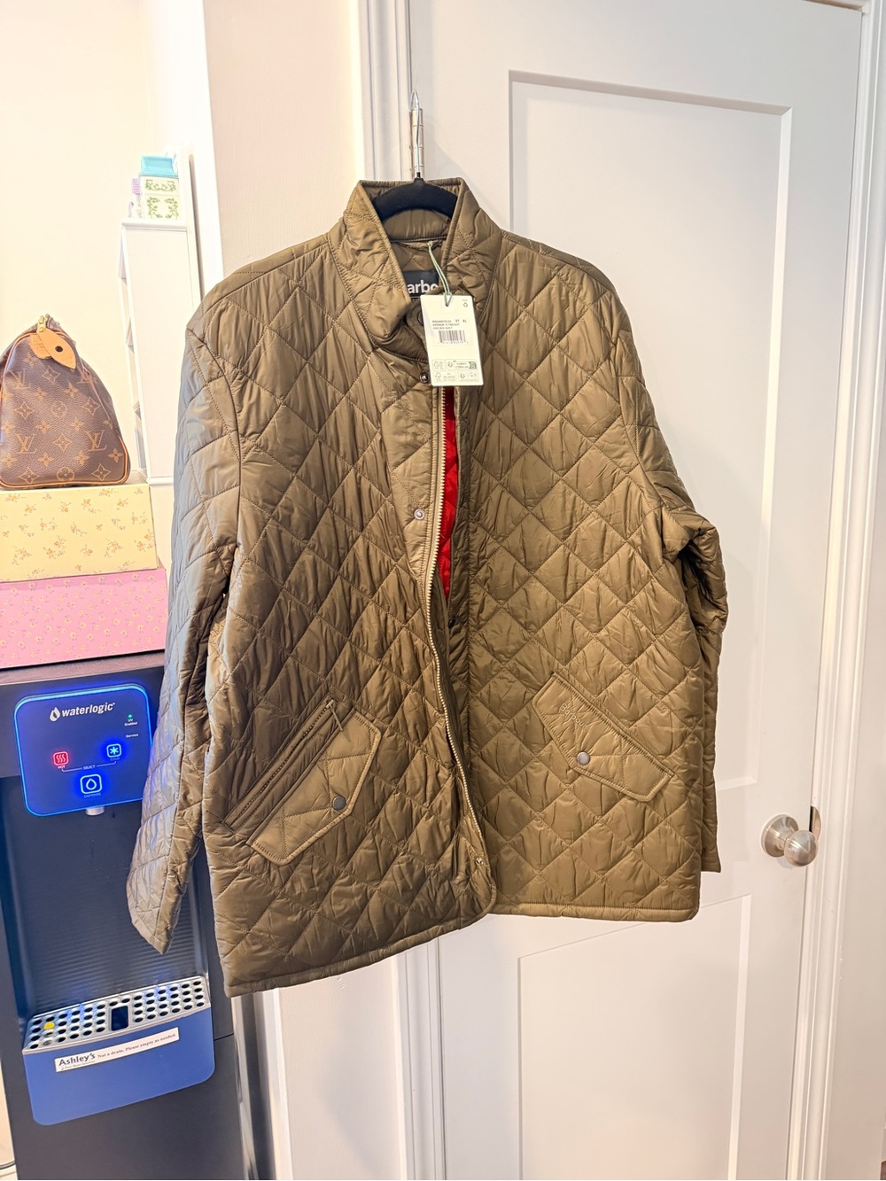 Barbour Quilted Men's Jacket in Olive with Red Lining